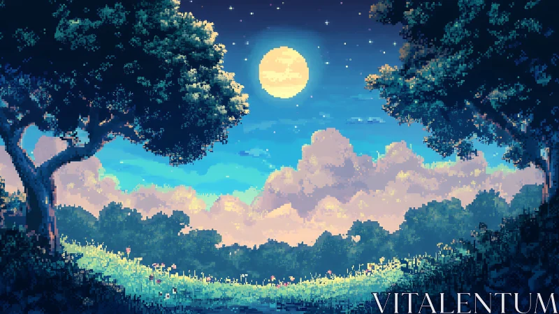 Pixel Art Forest Moonlit Sky.