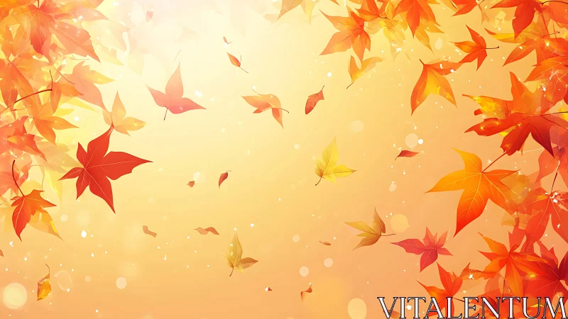 Bright autumn maple leaves swirling on warm sky background.