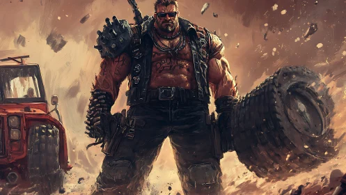 Post-apocalyptic road warrior strides through flying dust.