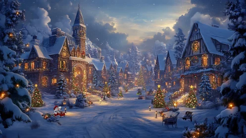 Snowlit Christmas village street humming with golden warmth.