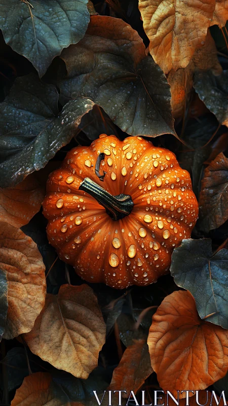 Raindrop-kissed pumpkin nestled in moody autumn leaves.