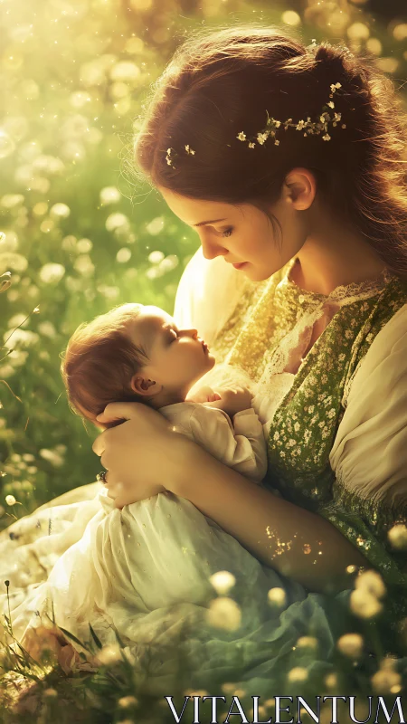 Woman with child amid luminous dandelion field at golden hour.