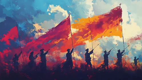 Militia silhouettes march beneath sweeping red banners at dawn.