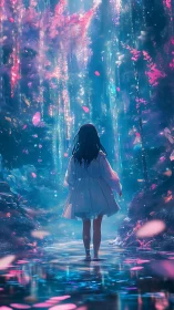 Girl walks luminous forest stream under cascading light