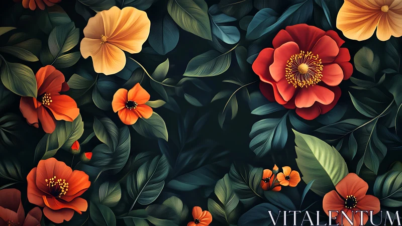 Vibrant floral composition with layered blooms against dark foliage backdrop