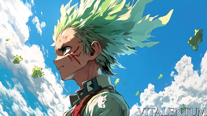 Wind-swept green-haired anime hero in dramatic sky profile