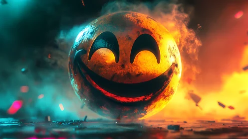 Smiling inferno sphere grins through neon smoke and sparks.