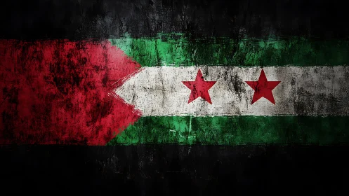 Weathered tricolor flag with bold red stars on grunge field.