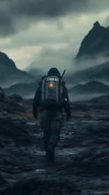 Lone explorer trekking through misty volcanic valley at dusk.