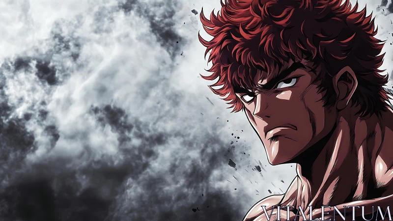 Red haired anime fighter stares ahead against storm clouds