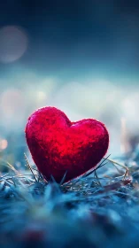 Crimson Heart on Frosted Surface with Bokeh Sky.