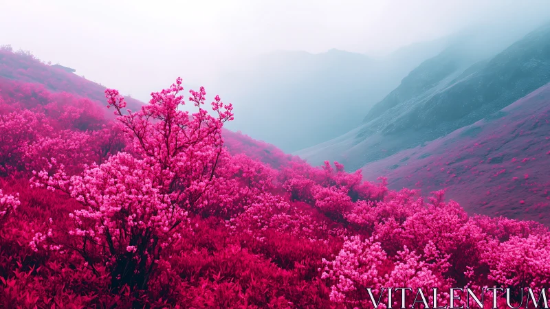 Infrared alpine bloomscape with saturated magenta gradients.