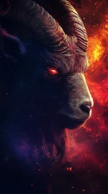 Demonic ram head glows against swirling red cosmic flames