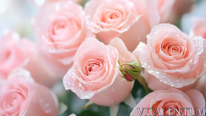 Pink roses covered with water droplets in soft focus.