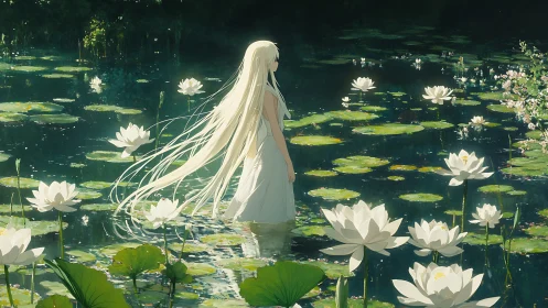 Girl with white dress stands in sunlit lily pond