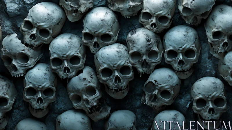 Clustered human skull wall under cold cyan lighting.