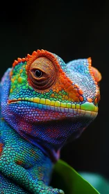 Hyperreal macro portrait of multicolored chameleon skin.