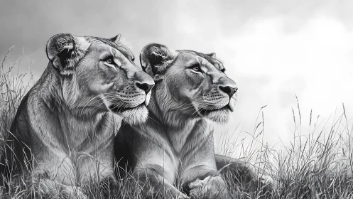 Two Lionesses in Grassland.