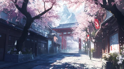 Cherry blossom gateway street under morning mountain hush.