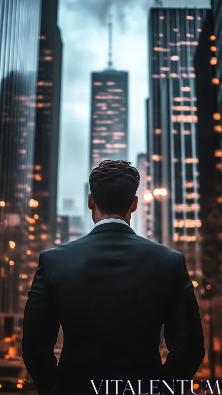 Professional male figure positioned among urban high-rises with illuminated facades at dusk.