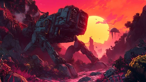 Quadruped mech in alien canyon under large setting sun.