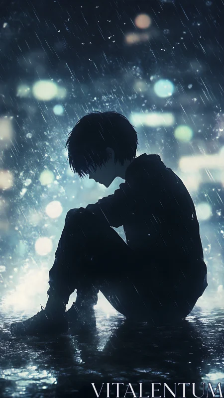 Rain-soaked silhouette boy curling into neon-tinted quiet.