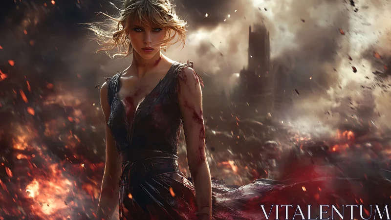 Battle-scarred woman stands in burning post-war ruins.