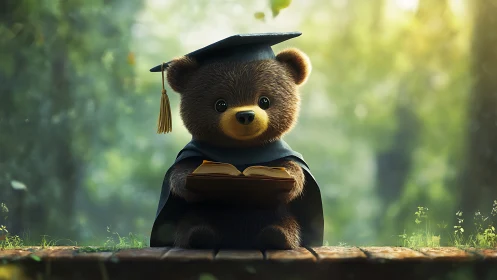 Cute bear in graduation cap reading a book outdoors.