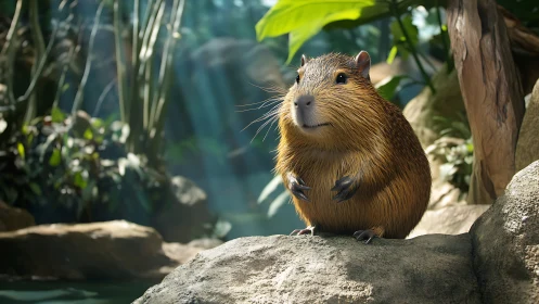Curious rodent sits on sunlit river rock in rainforest