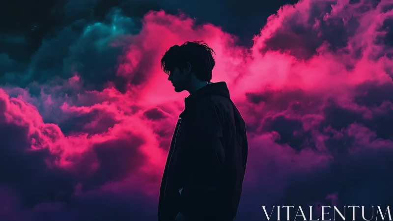 Silhouetted youth beneath neon magenta storm clouds.