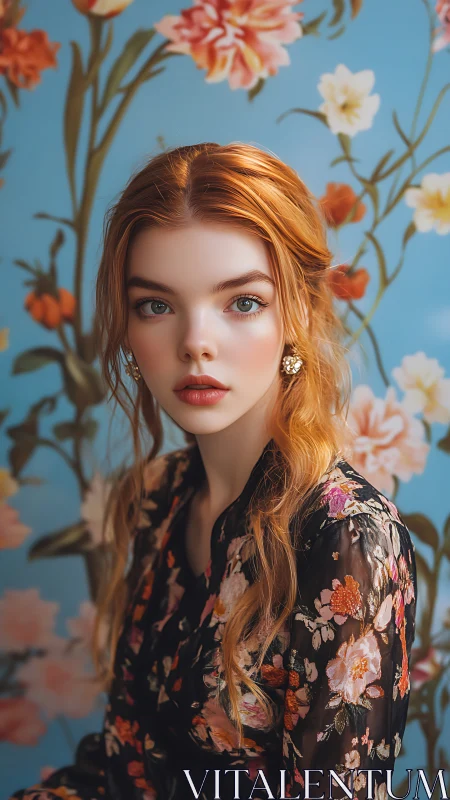 Floral daydream crowns a red‑haired gaze with quiet fire