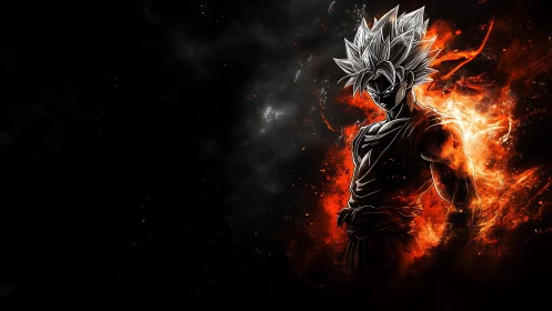 Fiery anime warrior silhouette ignites dark cosmic void.