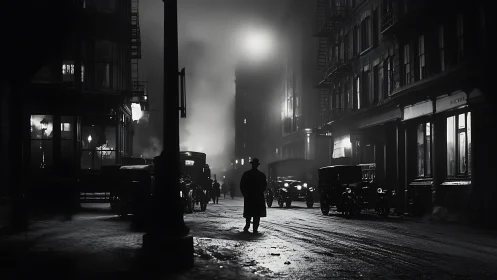 Solitary figure stands on foggy vintage city street at night