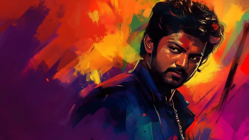 Color storms swirl behind a brooding neon-lit portrait