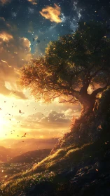 Starlit valley sunset with luminous tree on rocky hillside