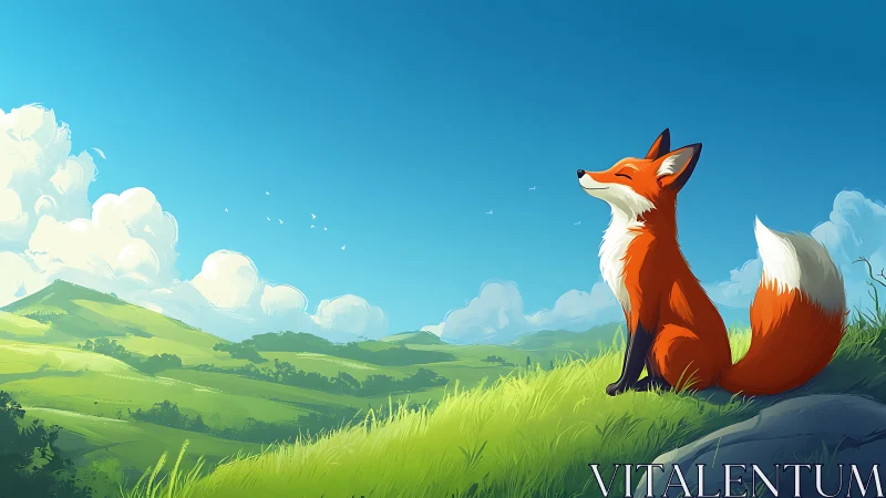 Stylized red fox resting on sunlit grassy hill under clear sky
