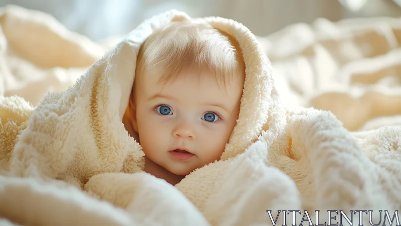 Wide-Eyed Wonder: Cherub Swaddled in Cream Cloud.