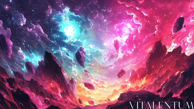 Radiant cosmic sky swirling above glowing crystal peaks.