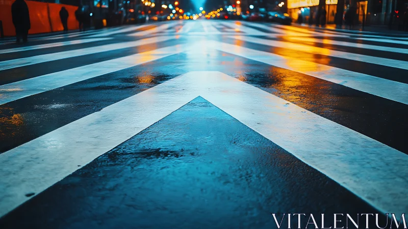 Wet city crosswalk shows converging white stripes at night