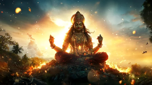 Radiant goddess meditates in a burning, celestial sunrise
