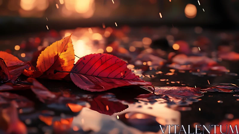 Autumn leaves in rain over glowing sunset reflections.