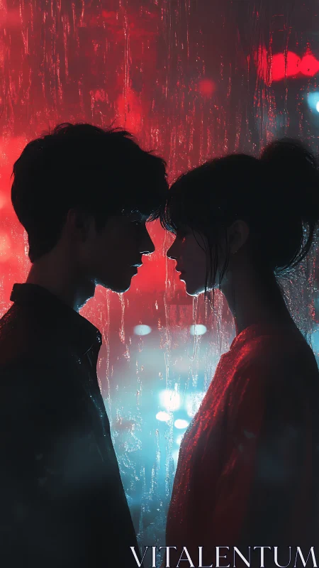 Neon rain lovers poised between red thunder and blue hush.