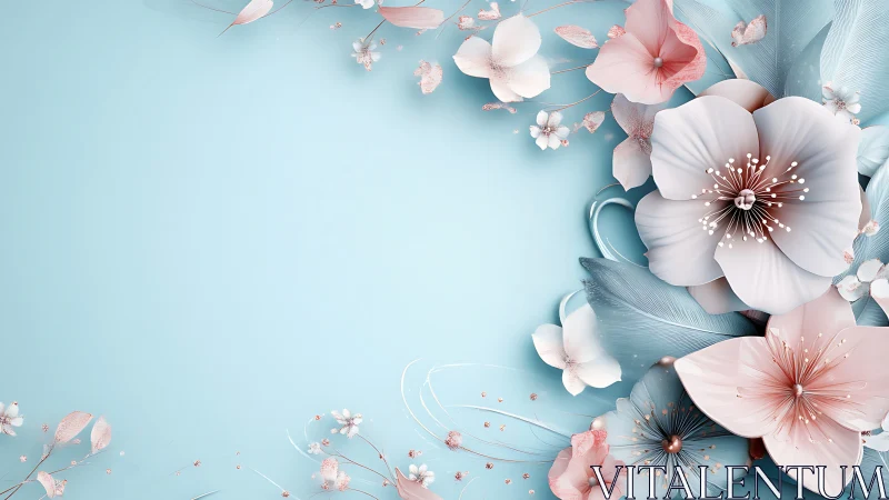 Paper Flowers on Blue: Elegant 3D Botanical Composition