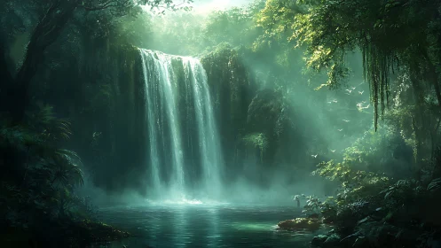 Ethereal Waterfall in Luminous Jungle Canopy.