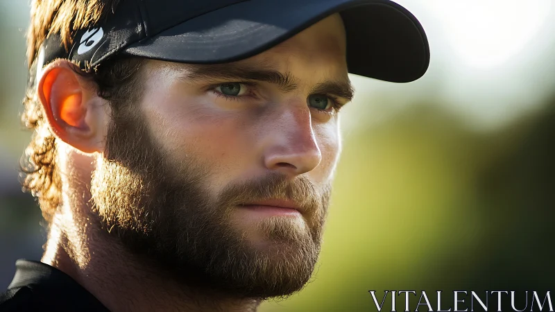 Close-up portrait of bearded man in black sports cap outdoors.