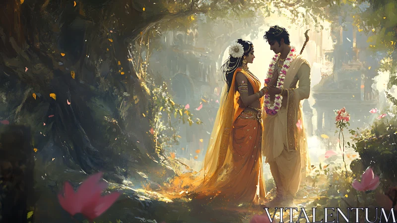 Mythic Hindu wedding couple under luminous forest canopy