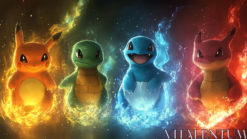 Elemental quadrupole of chibi creatures in luminous plasma halos.