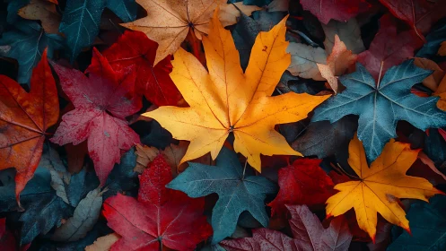 Golden maple leaves contrast with deep teal autumn bed.