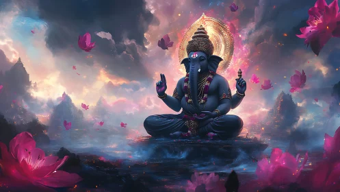 Lotus storms whirl as serene Ganesha anchors the cosmos