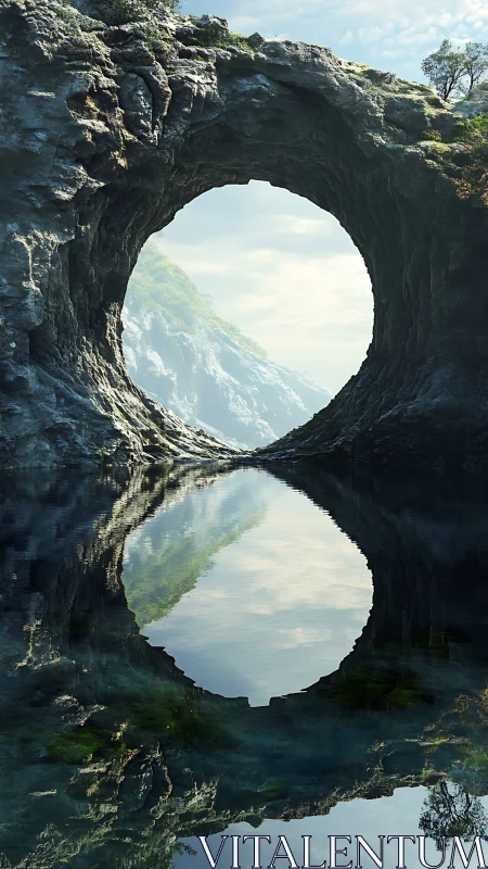 Rock arch reflected in still water forming full circle.